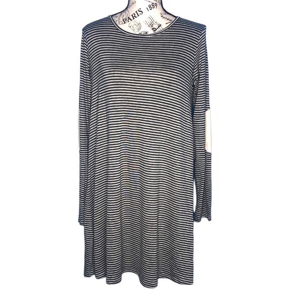 Sweet Claire MEDIUM Striped Elbow Patch Back Button Long Sleeve T-shirt Dress - Picture 1 of 13